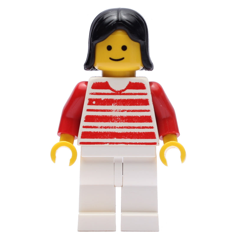 fig-008988 – Woman, Red and White Striped Shirt, White Legs, Black Hair (3626a Head)