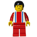 fig-008989 – Man, White Top with Large Red Stripe and 2 Blue Stripes, Red Legs, Black Hair