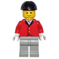 fig-008991 – Man, Red Riding Jacket, Light Gray Legs, Black Hard Hat (3626a head)