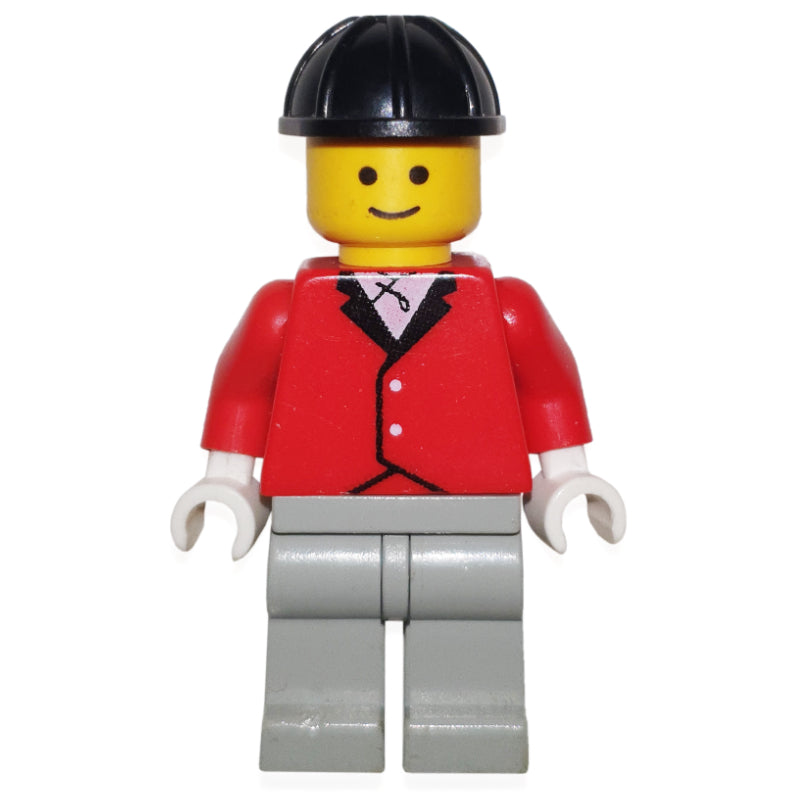 fig-008991 – Man, Red Riding Jacket, Light Gray Legs, Black Hard Hat (3626a head)