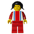 fig-008992 – Woman, White Top with Large Red Stripe and 2 Blue Stripes, Red Legs, Black Pigtails Hair