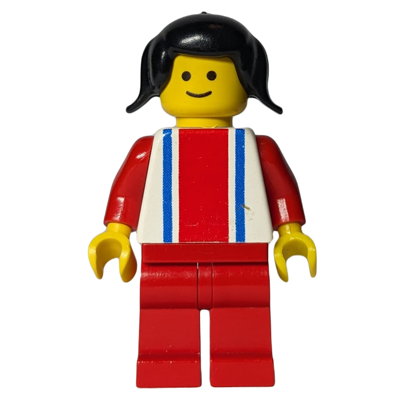 fig-008992 – Woman, White Top with Large Red Stripe and 2 Blue Stripes, Red Legs, Black Pigtails Hair