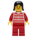 fig-008998 – Red and White Striped Shirt, Red Legs, Black Hair (3626a Head)