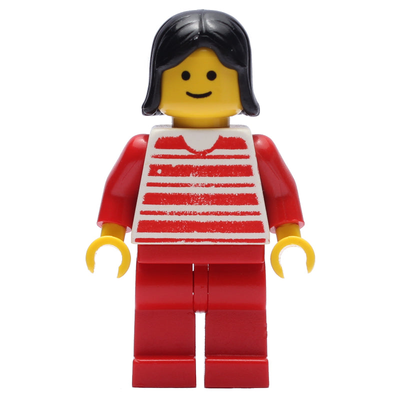fig-008998 – Red and White Striped Shirt, Red Legs, Black Hair (3626a Head)