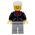 fig-009000 – Man, Black Jacket over Red Shirt, Light Gray Legs, White Cap