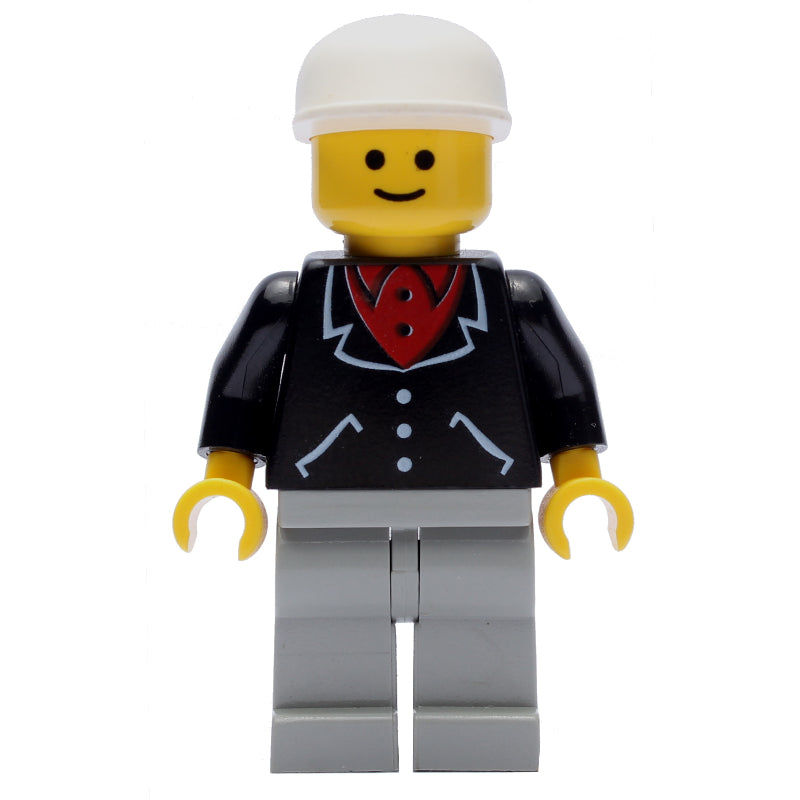 fig-009000 – Man, Black Jacket over Red Shirt, Light Gray Legs, White Cap