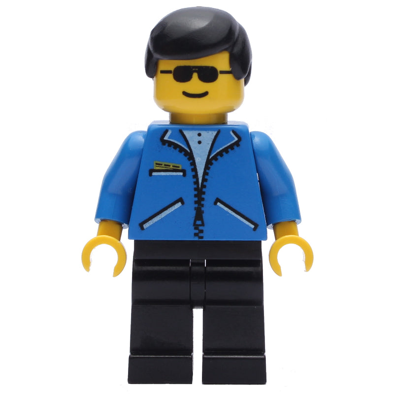 fig-009012 – Man, Open Blue Jacket with Zipper, Black Legs, Black Hair, Sunglasses