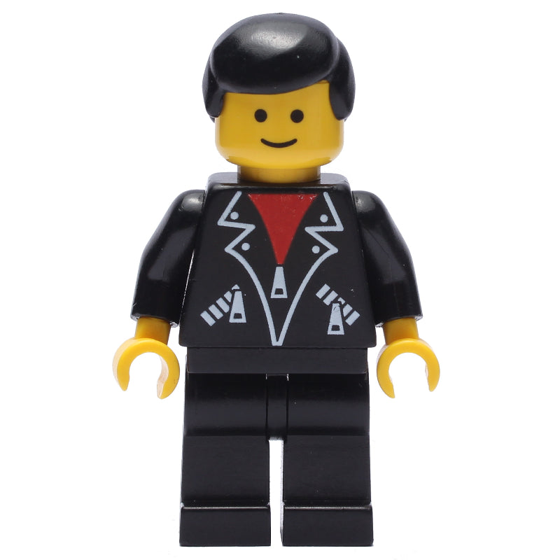 fig-009016 – Man, Open Black Jacket over Red Shirt, Black Legs, Black Hair