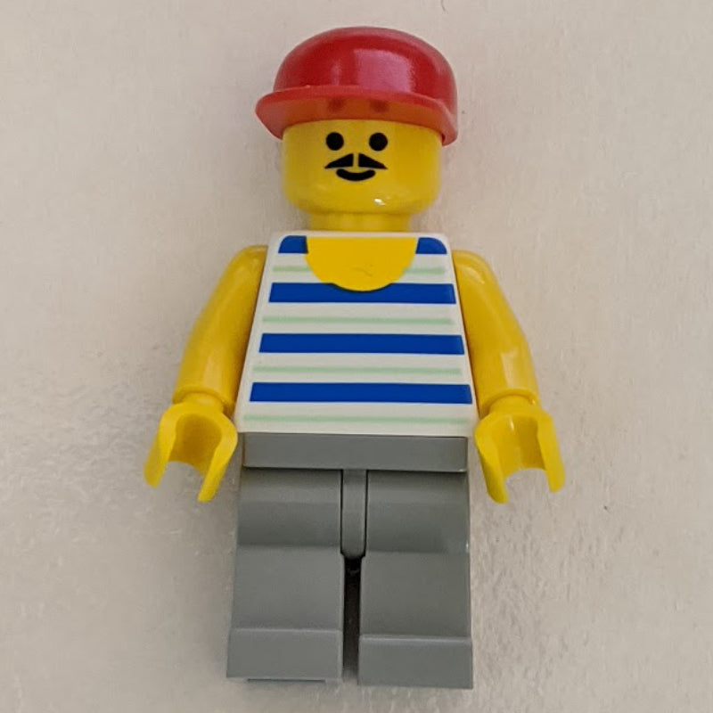 fig-009018 – Man, Blue and White Striped Tank Top, Red Cap, Moustache