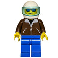 fig-009019 – Man, Brown Jacket, Blue Legs, White Helmet with Visor, Blue Sunglasses