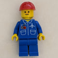 fig-009020 – Ground Crew, Blue Jumpsuit with Plane and ID Badge, Red Hard Hat