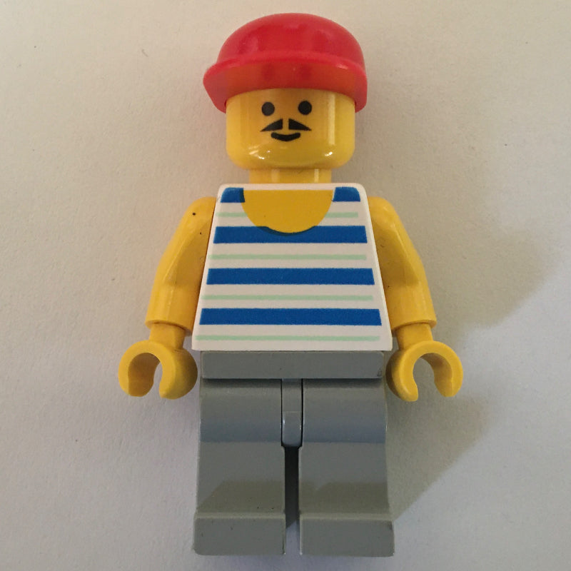 fig-009023 – Man, Blue and White Striped Tank Top, Light Gray Legs, Red Cap, Moustache
