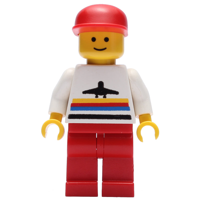 fig-009024 – Man, White Shirt with Airplane, Red Legs, Red Cap
