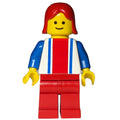 fig-009028 – Woman, White Top with Large Red Stripe and 2 Blue Stripes, Red Legs, Red Hair