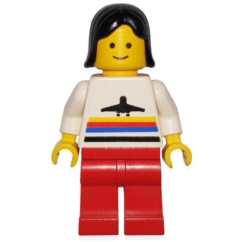 fig-009032 – Woman, White Shirt with Airplane, Red Legs, Black Hair