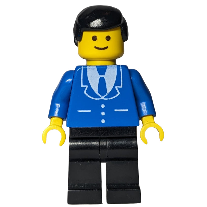 fig-009035 – Man, Blue Jacket with Tie and Three Buttons, Black Legs, Black Hair (3626a Head)