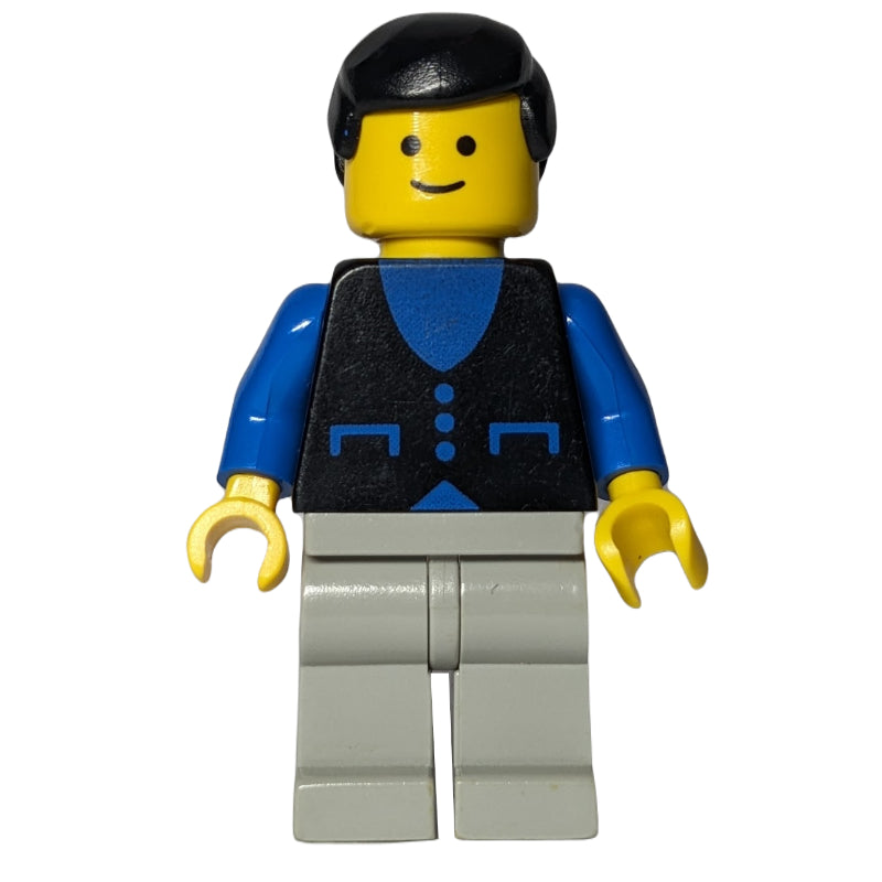 fig-009037 – Man, Black Vest over Blue Shirt, Light Gray Legs, Black Hair