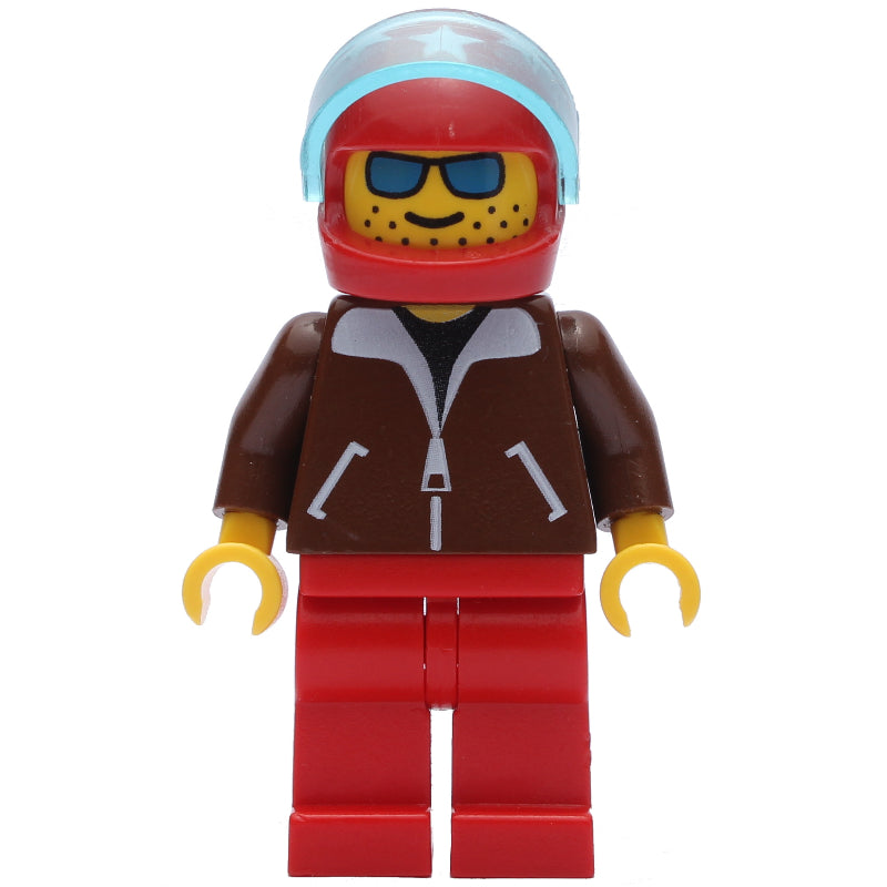 fig-009041 – Pilot, Brown Jacket, Red Legs, Red Helmet with Stars and Visor, Blue Sunglasses
