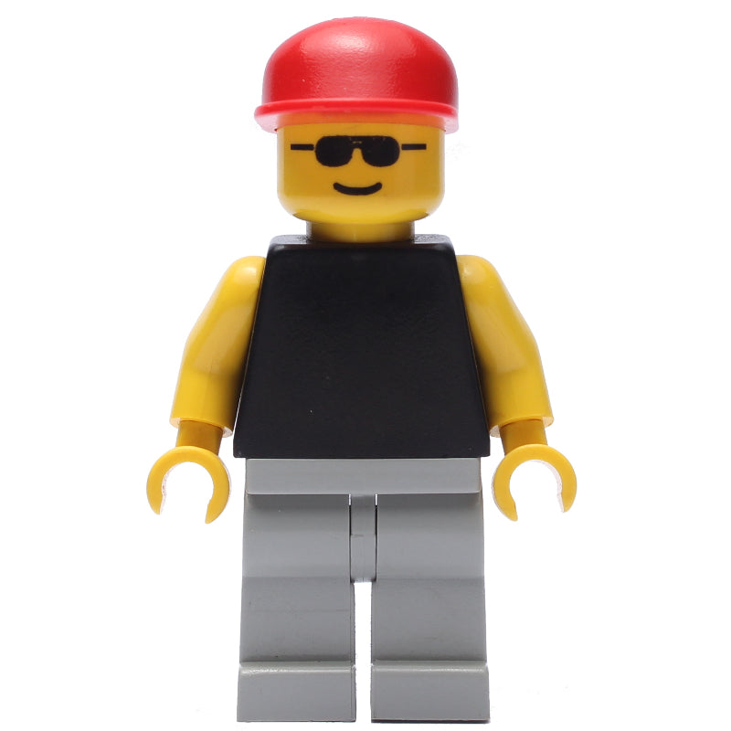 fig-009051 – Man, Black Torso with Yellow Arms, Light Gray Legs, Red Cap, Sunglasses