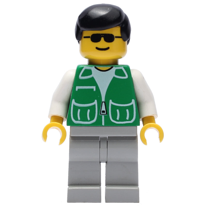 fig-009052 – Man, Green Jacket, Light Gray Legs, Black Hair, Sunglasses