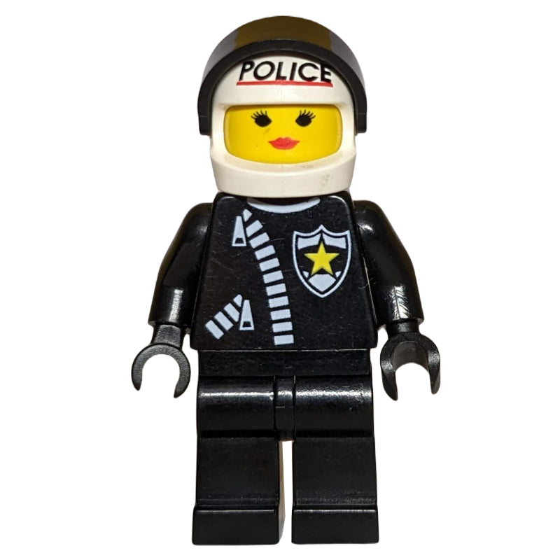fig-009054 – Paula - Policewoman, Black Jacket with Zipper and Badge, White Helmet with 'POLICE' and Visor