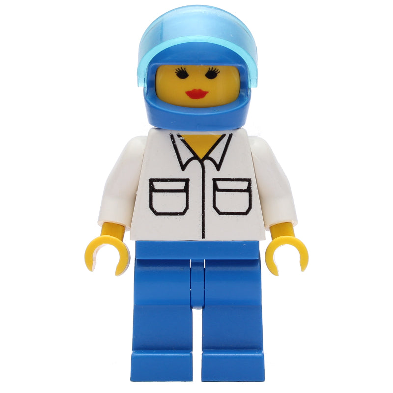 fig-009120 – Woman, White Shirt with Pockets, Blue Legs, Blue Helmet with Visor