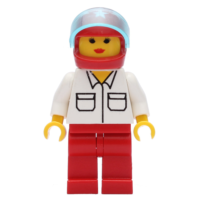 fig-009121 – Woman, White Shirt with Pockets, Red Legs, Red Helmet with Stars and Visor