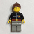 fig-009122 – Firewoman, Black Fire Jacket with Red Belt and Badge, Brown Hair