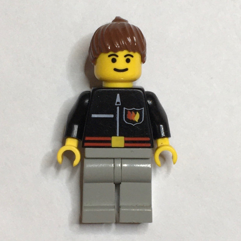 fig-009122 – Firewoman, Black Fire Jacket with Red Belt and Badge, Brown Hair