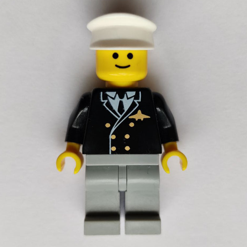 fig-009123 – Pilot, Black Jacket with Tie and Airplane Badge, Light Bluish Gray Legs, White Hat