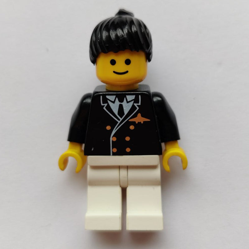 fig-009124 – Pilot, Woman, Black Jacket with Tie and Airplane Badge, White Legs, Black Hair