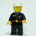 fig-009128 – Fireman, Black Fire Jacket with Red Belt and Badge, White Helmet