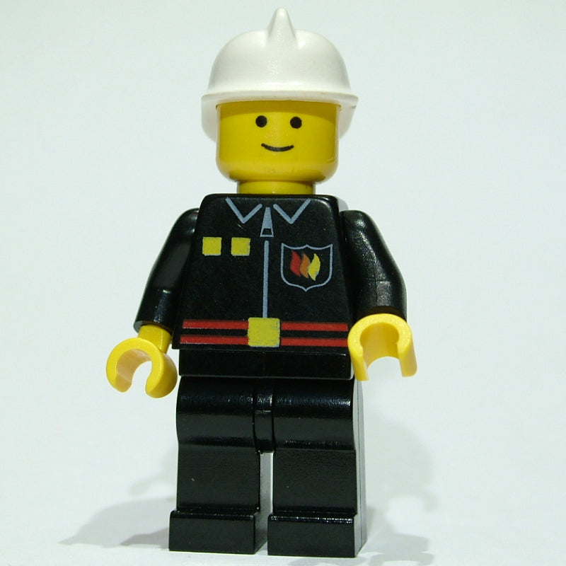 fig-009128 – Fireman, Black Fire Jacket with Red Belt and Badge, White Helmet