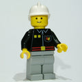 fig-009129 – Fireman, Black Fire Jacket with Red Belt and Badge, Light Bluish Gray Legs, White Helmet