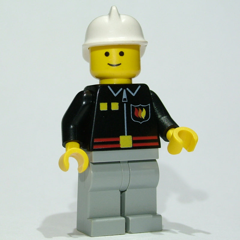 fig-009129 – Fireman, Black Fire Jacket with Red Belt and Badge, Light Bluish Gray Legs, White Helmet