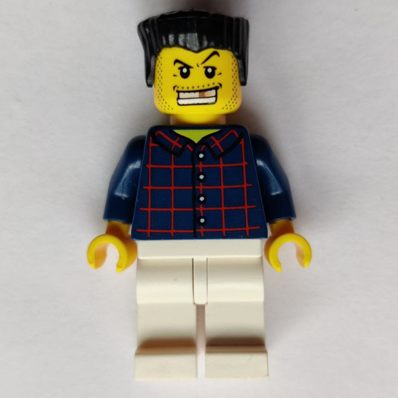 fig-009138 – Man, Dark Blue Plaid Shirt, White Legs, Black Hair, Gold Tooth
