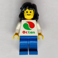 fig-009140 – Woman, White Top with Large Octan Logo, Blue Legs, Black Hair