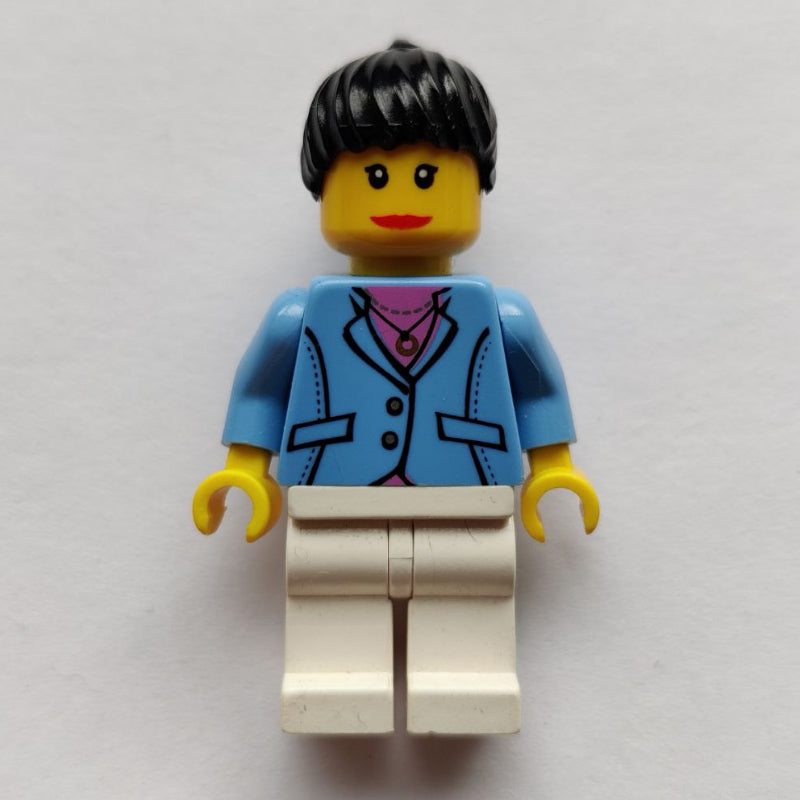 fig-009141 – Woman, Medium Blue Jacket, White Legs, Black Ponytail Hair