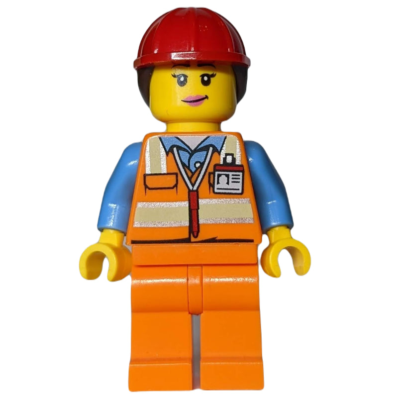 fig-009144 – Worker - Orange Torso, Orange Legs, Red Helmet with Reddish Brown Hair