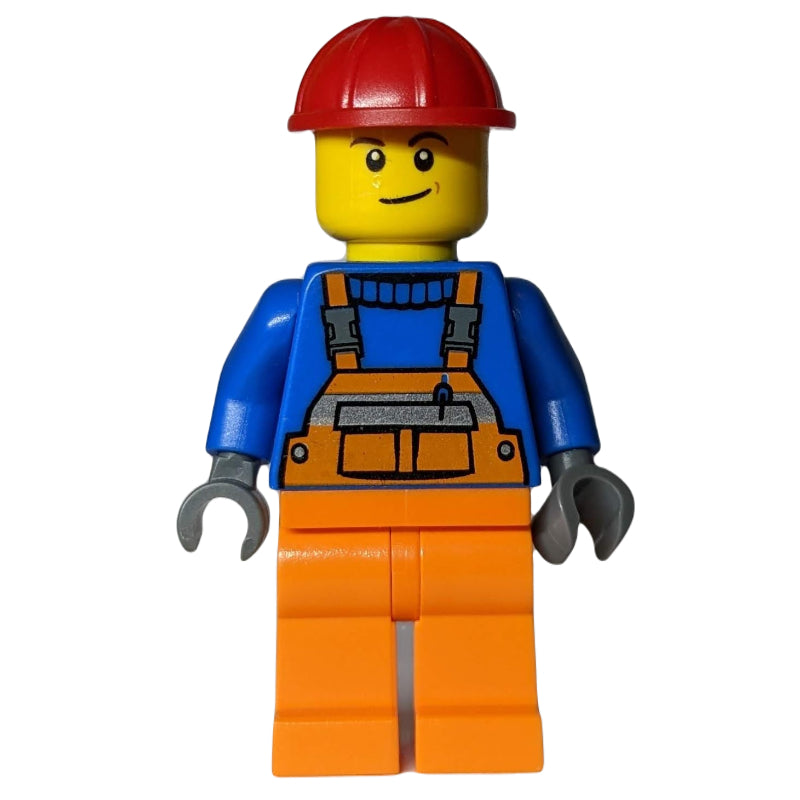 fig-009148 – Worker, Orange Overalls over Blue Sweater, Red Hard Hat
