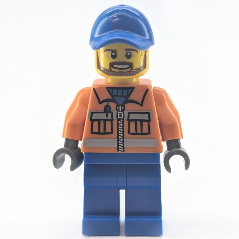 fig-009149 – Worker - Orange Torso, Blue Legs, Blue Cap, Reddish Brown Beard