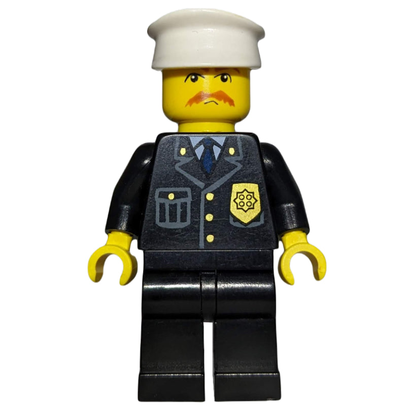 fig-009158 – Policeman, Black Suit with Badge, White Hat, Mustache and Glasses