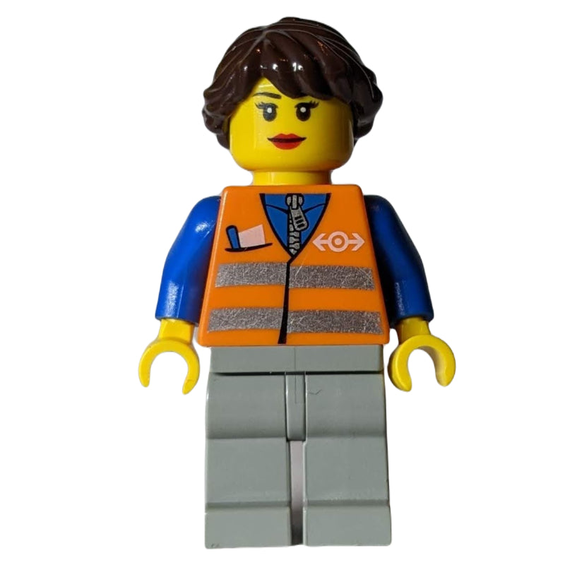 fig-009209 – Train Worker - Orange Torso, Light Bluish Grey Legs, Dark Brown Hair