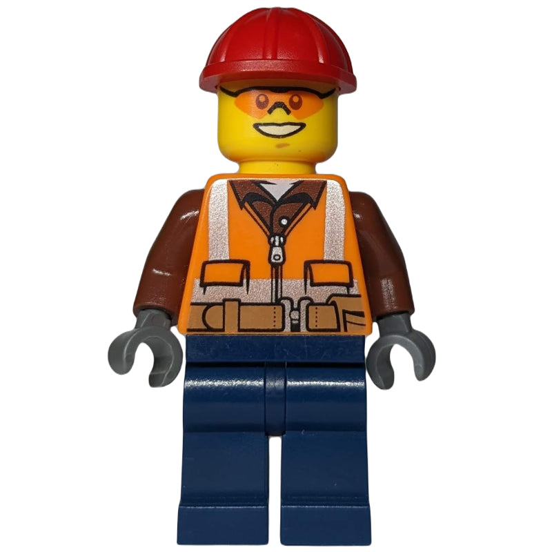 fig-009276 – Construction Worker, Orange Safety Vest with Zipper over Reddish Brown Shirt, Dark Blue Legs, Red Hard Hat, Orange Safety Glasses