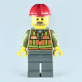 fig-009278 – Train Worker, Orange Safety Vest with Train Logo over Olive Green Hoodie, Dark Bluish Gray Legs, Red Hard Hat, Beard
