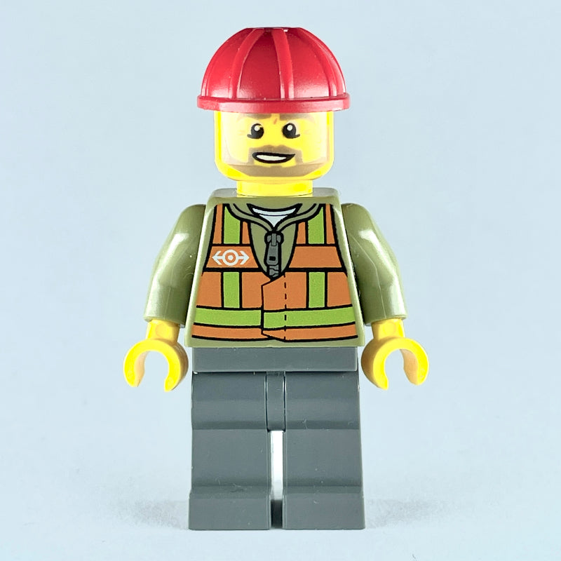 fig-009278 – Train Worker, Orange Safety Vest with Train Logo over Olive Green Hoodie, Dark Bluish Gray Legs, Red Hard Hat, Beard