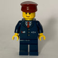 fig-009282 – Train Conductor, Dark Blue Suit with Tie and Train Logo, Dark Red Hat