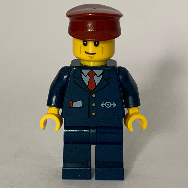 fig-009282 – Train Conductor, Dark Blue Suit with Tie and Train Logo, Dark Red Hat