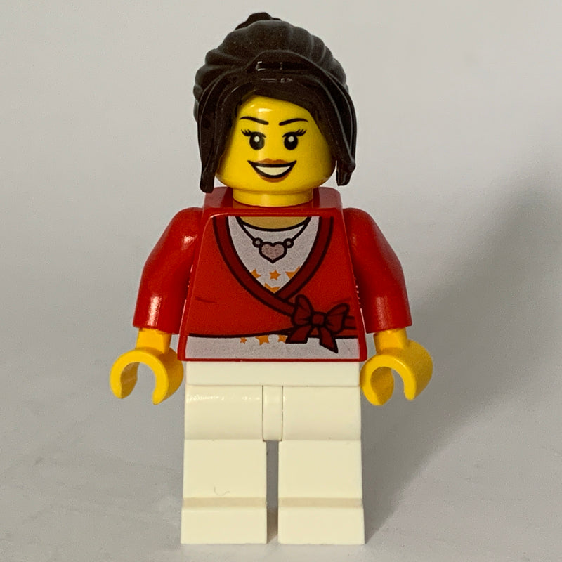 fig-009284 – Woman, Cardigan Tied with Bow and Necklace, White Legs, Dark Brown Hair