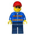 fig-009285 – Man, Blue Jacket with Orange Stripes, Dark Blue Legs, Red Cap, Sunglasses